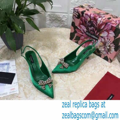 Dolce  &  Gabbana Heel 6.5cm Satin Slingbacks Green with Crystal Bow 2021